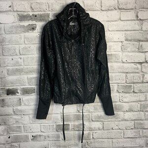 Zyia Active Windbreaker Black Cheetah Print Full Zip Hooded UtilityJacket